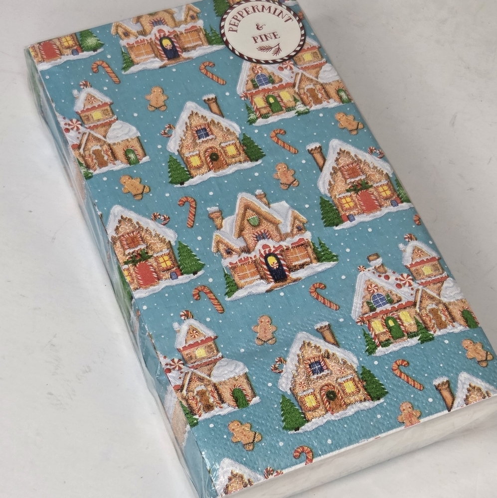 Peppermint Gingerbread Village Blue Christmas Napkin Set - Picture 2 of 5